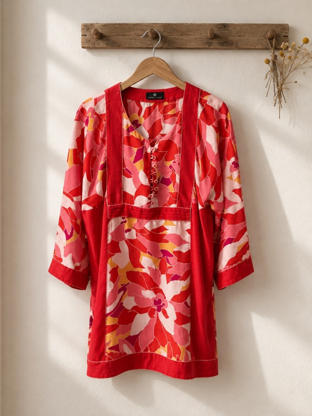 Rena Lange Red Floral Tunic with Pink and Yellow Accents
